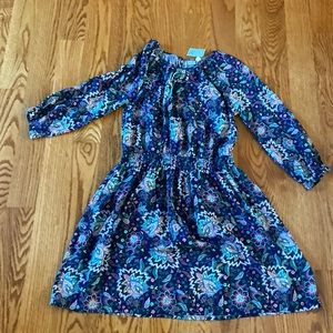 Navy blue floral dress.